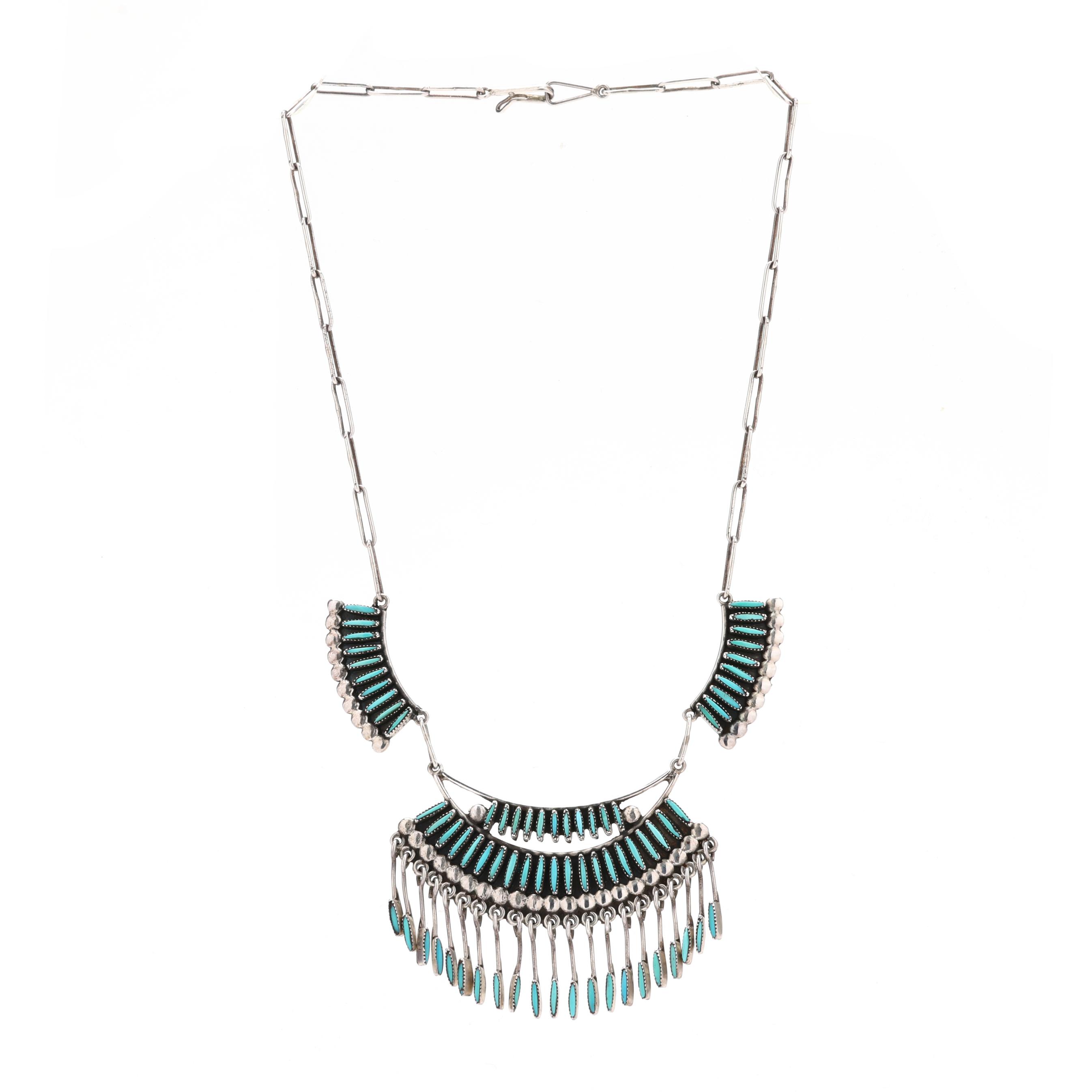 Zuni Silver and Turquoise Needle Point Necklace, Elsie Nakatewa