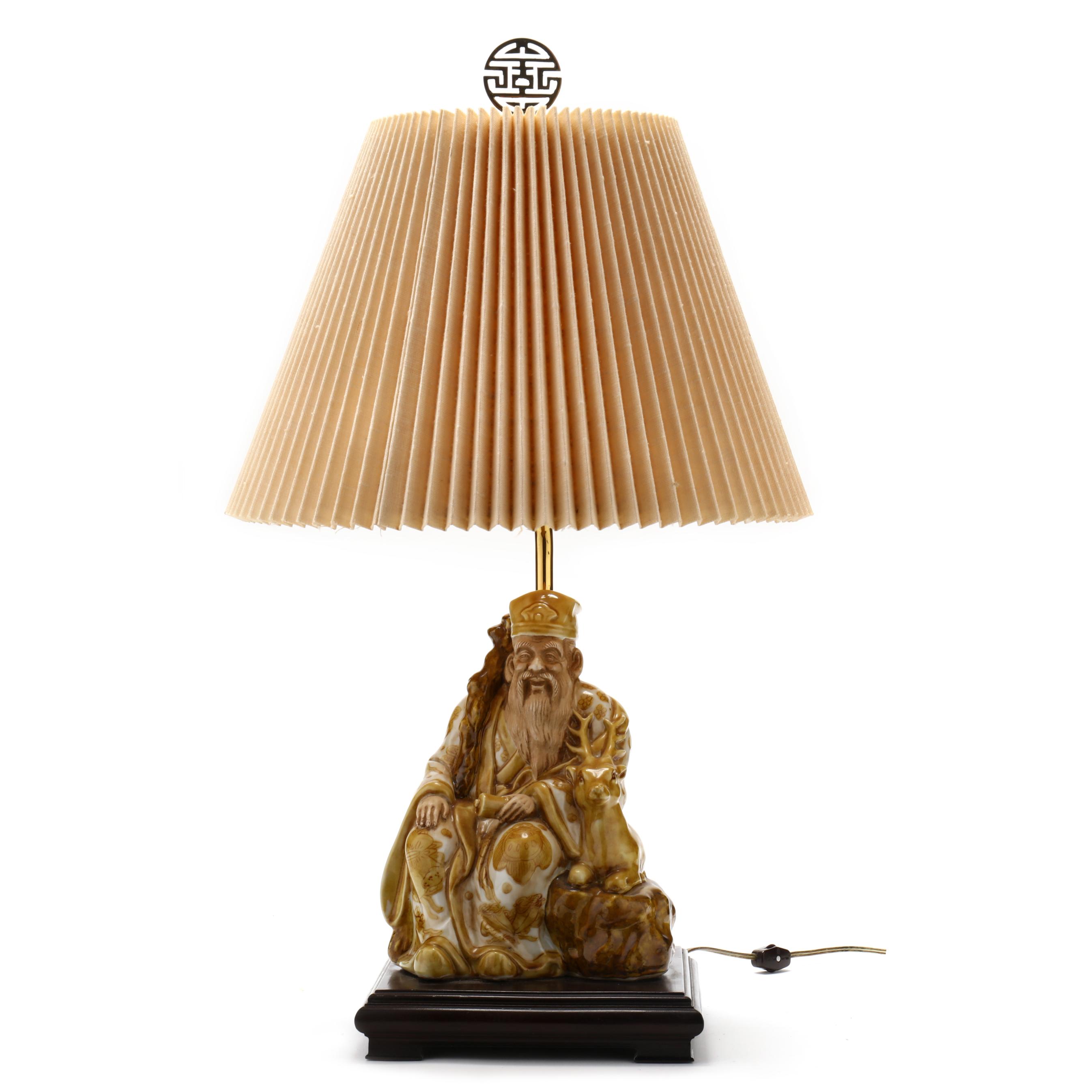 Japanese Porcelain Table Lamp of the God of Longevity and Fawn