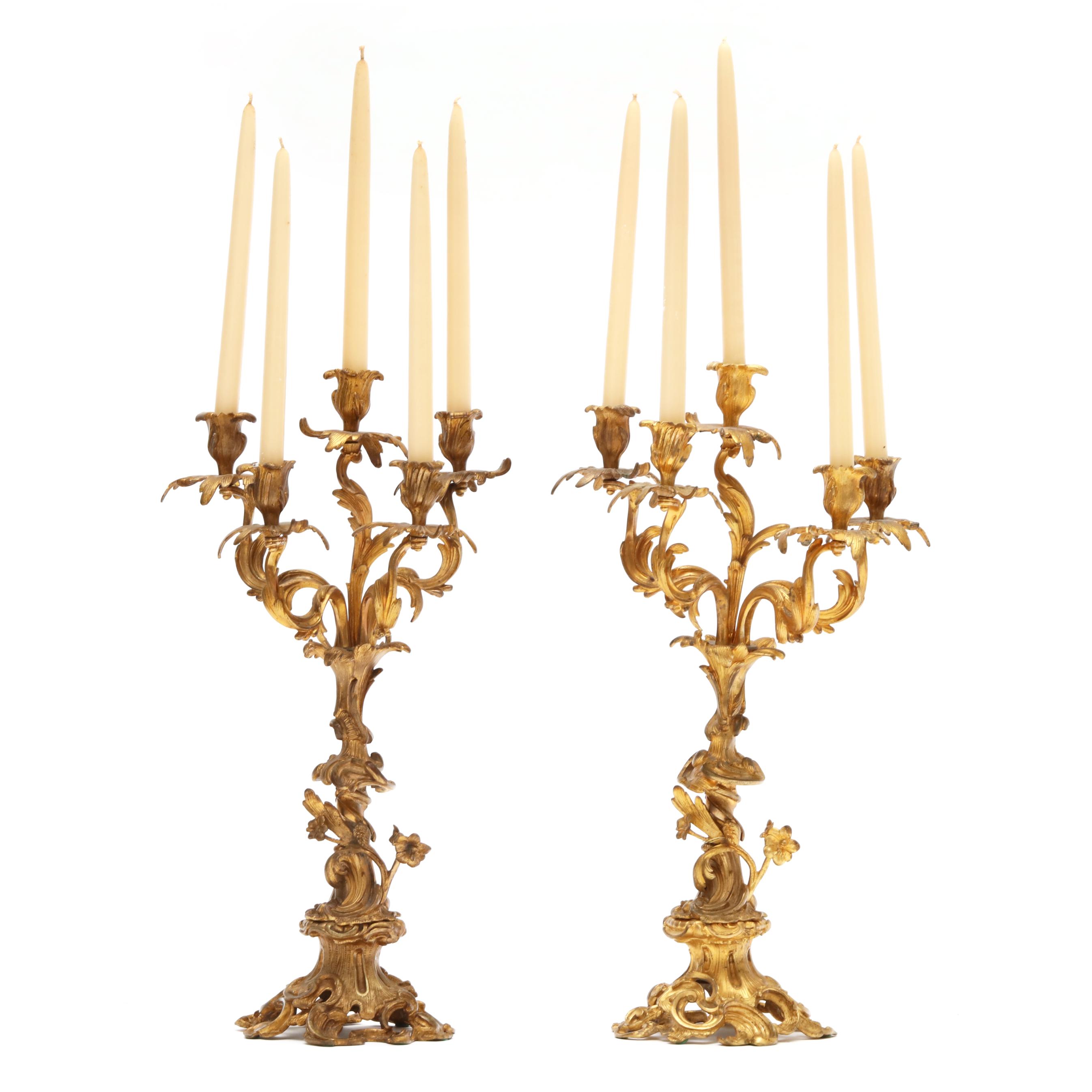 Louis XV Style Gilt Bronze Mantel Clock and Candelabra Garniture
