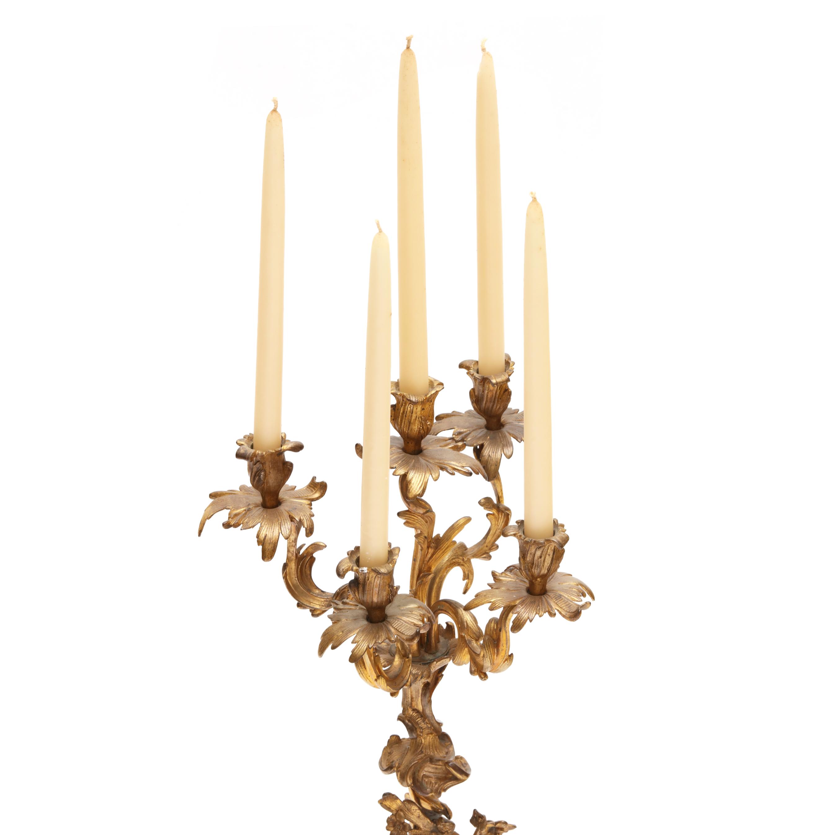 Louis XV Style Gilt Bronze Mantel Clock and Candelabra Garniture