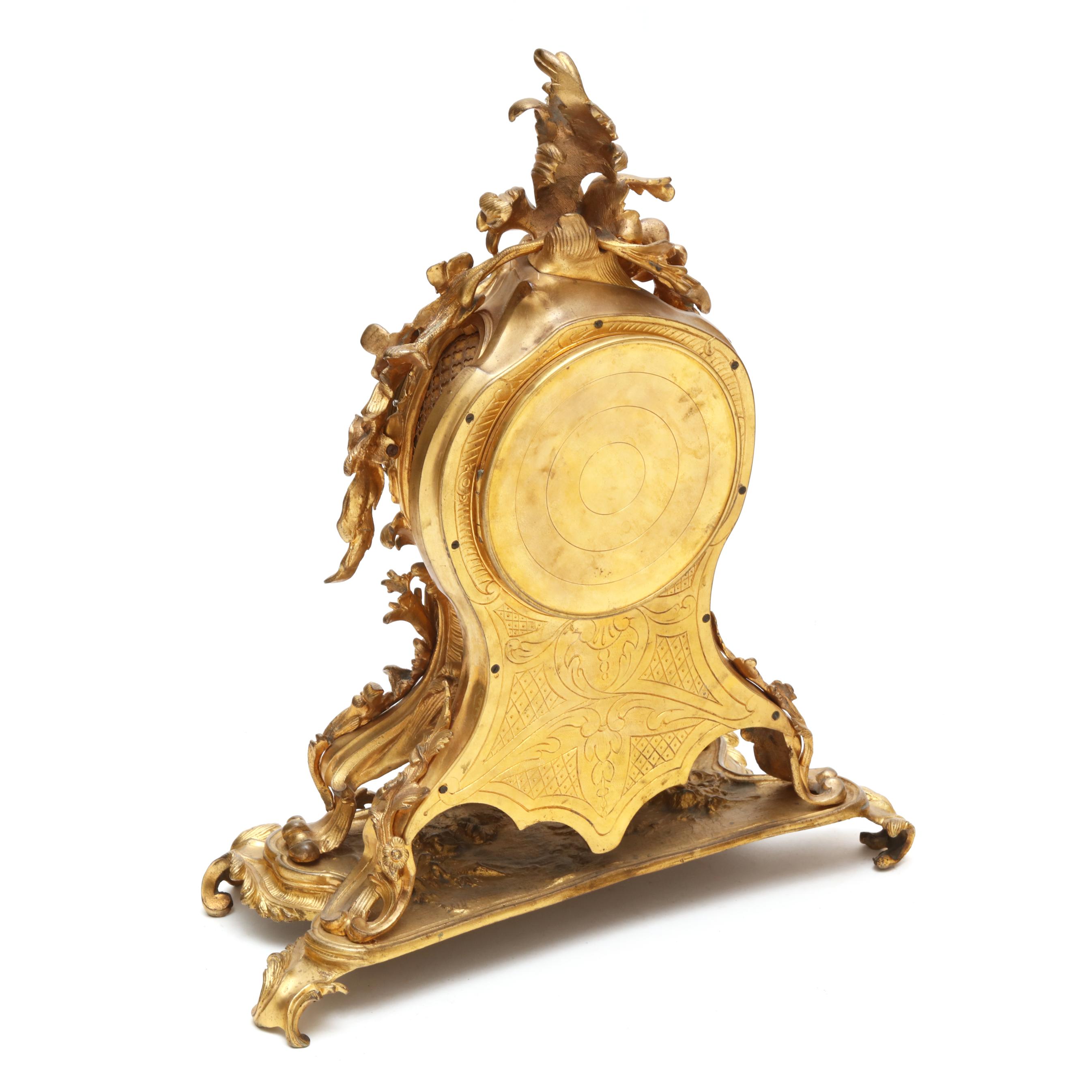 Louis XV Style Gilt Bronze Mantel Clock and Candelabra Garniture