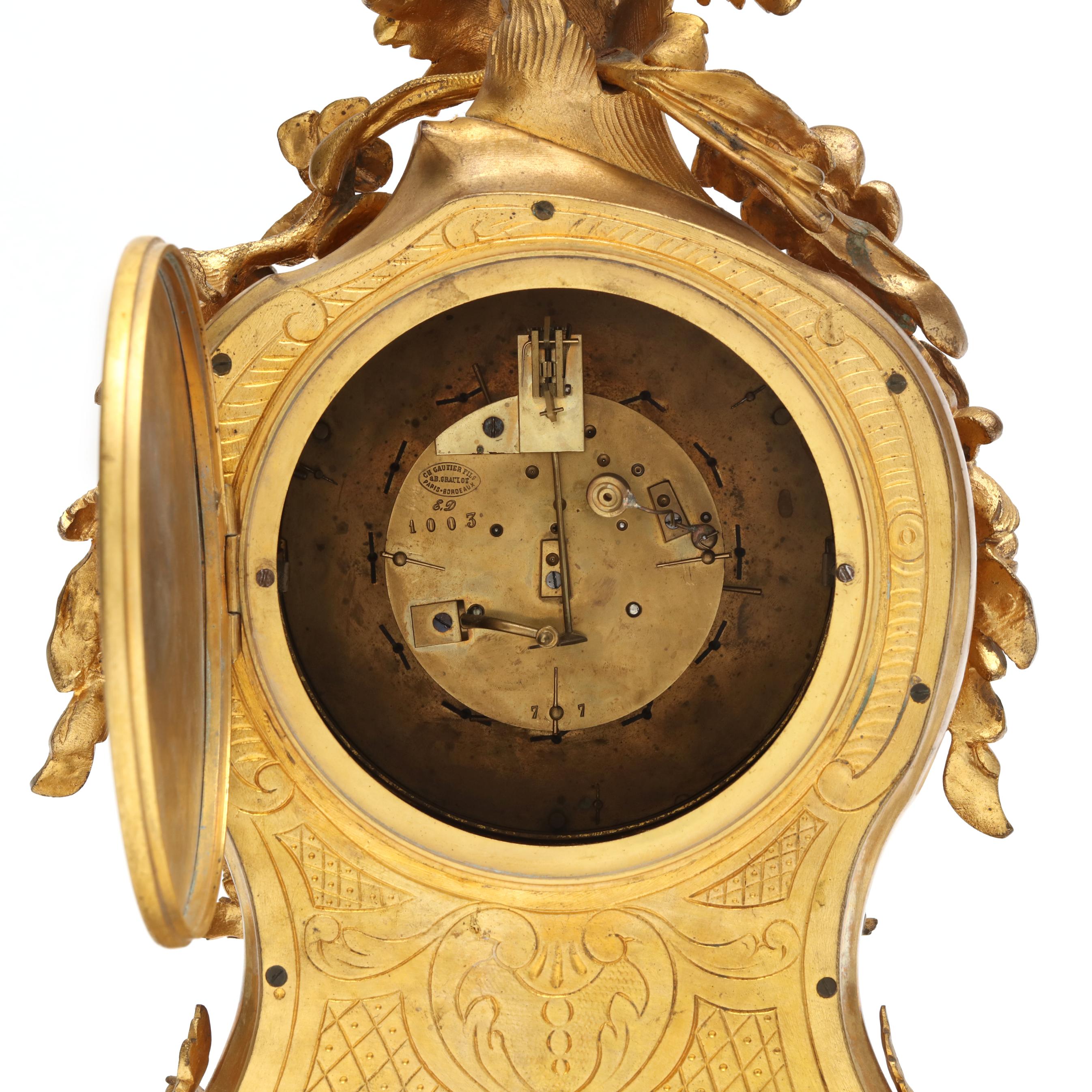 Louis XV Style Gilt Bronze Mantel Clock and Candelabra Garniture