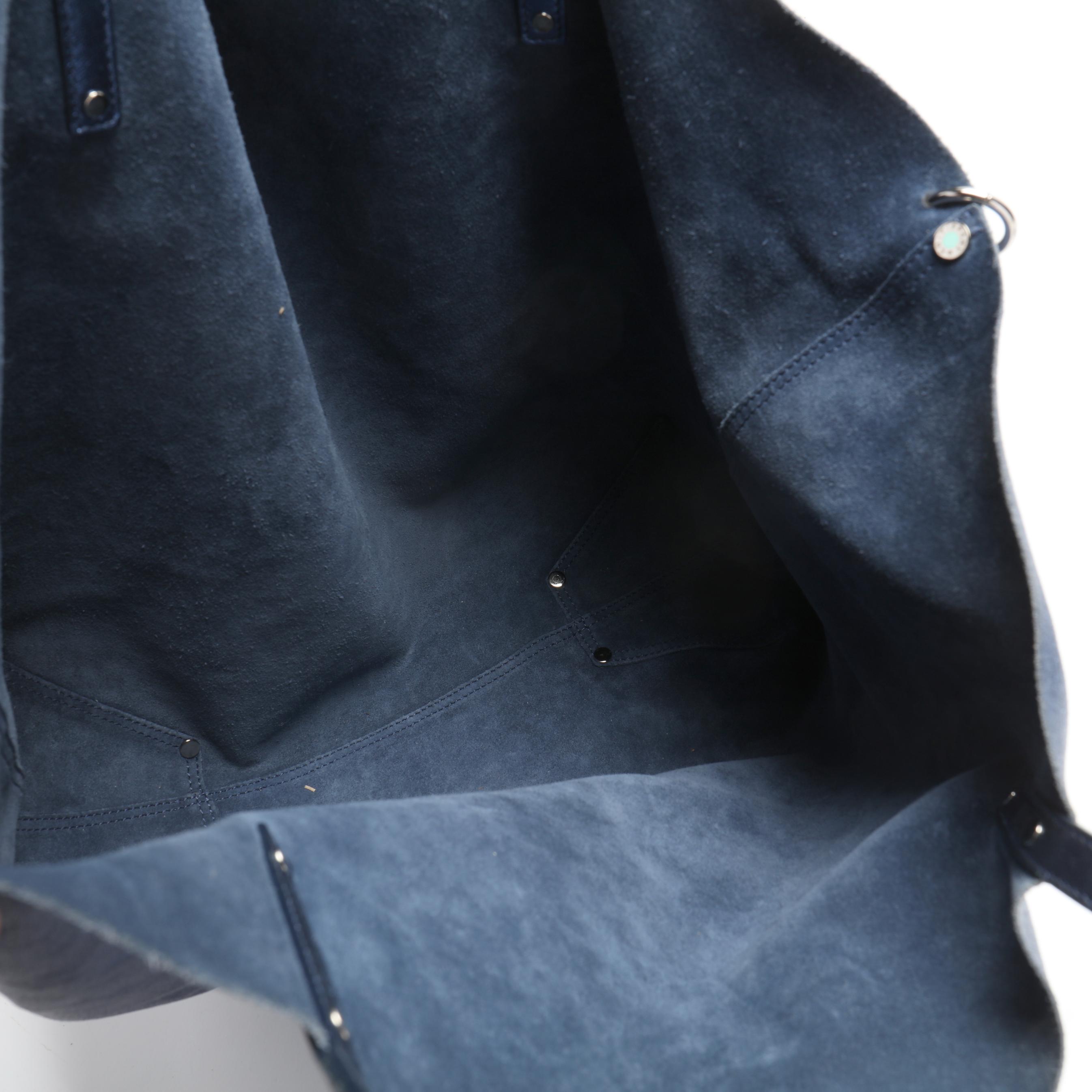 Blue Leather Reversible Tote Bag with Detachable Pouch, Tiffany