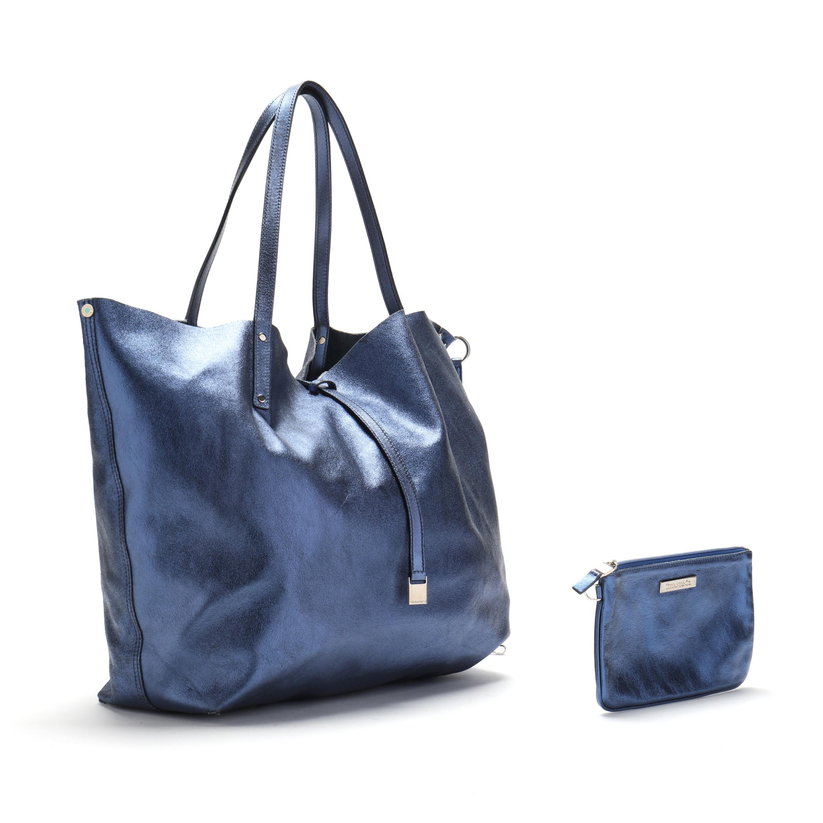Blue Leather Reversible Tote Bag with Detachable Pouch, Tiffany