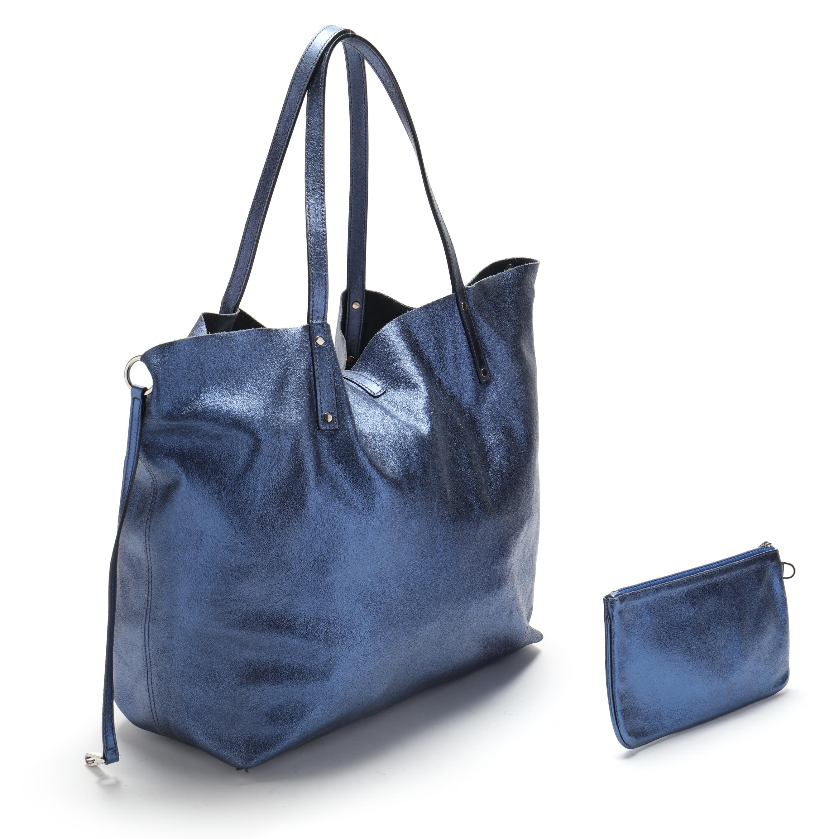 Blue Leather Reversible Tote Bag with Detachable Pouch, Tiffany