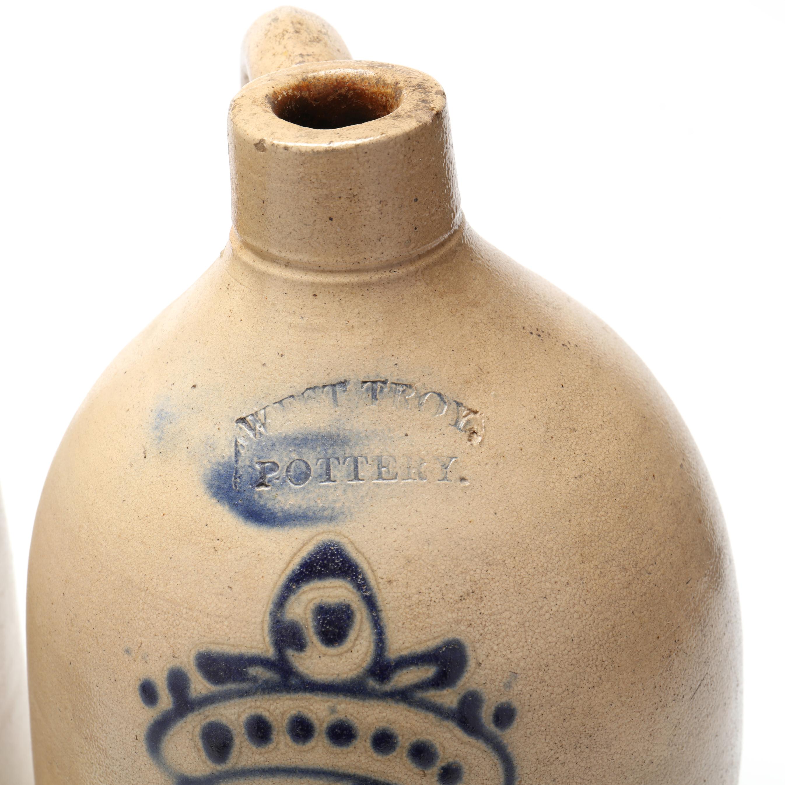 West Troy, NY Pottery, Two Cobalt Decorated Stoneware Jugs (Lot