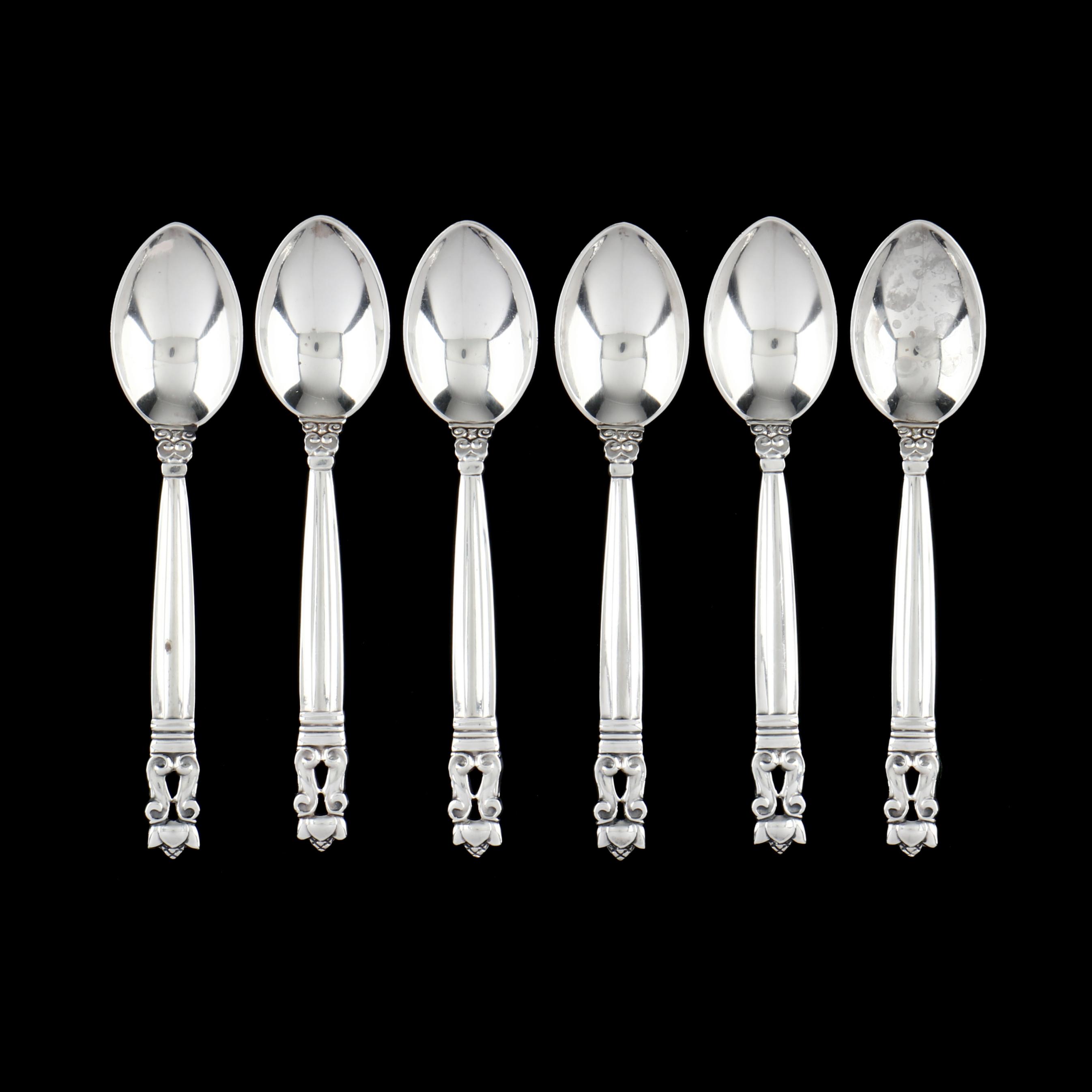 Set of Six Georg Jensen Acorn Sterling Silver Demitasse Spoons