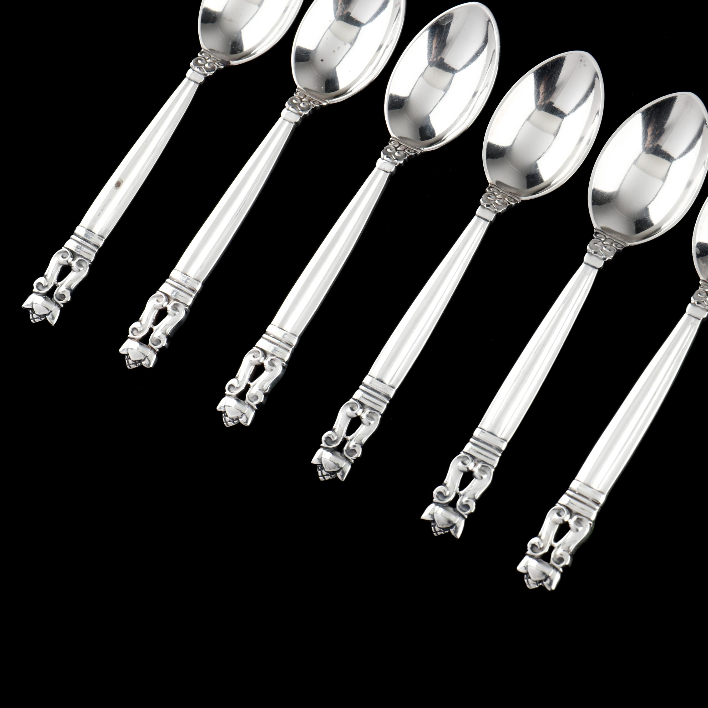 Set of Six Georg Jensen Acorn Sterling Silver Demitasse Spoons