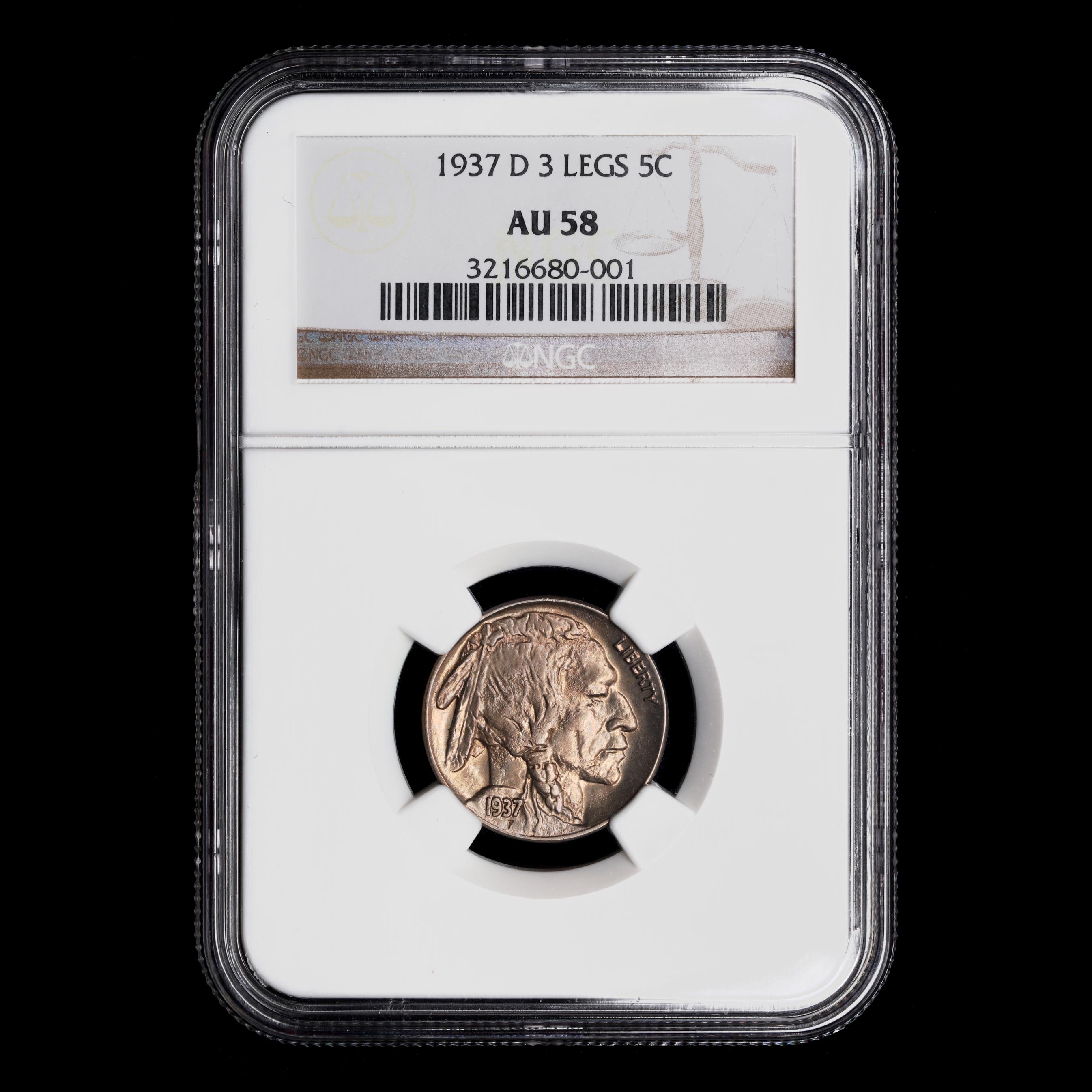 1937-D Three Legs Buffalo Nickel Error, NGC AU58 (Lot 5057
