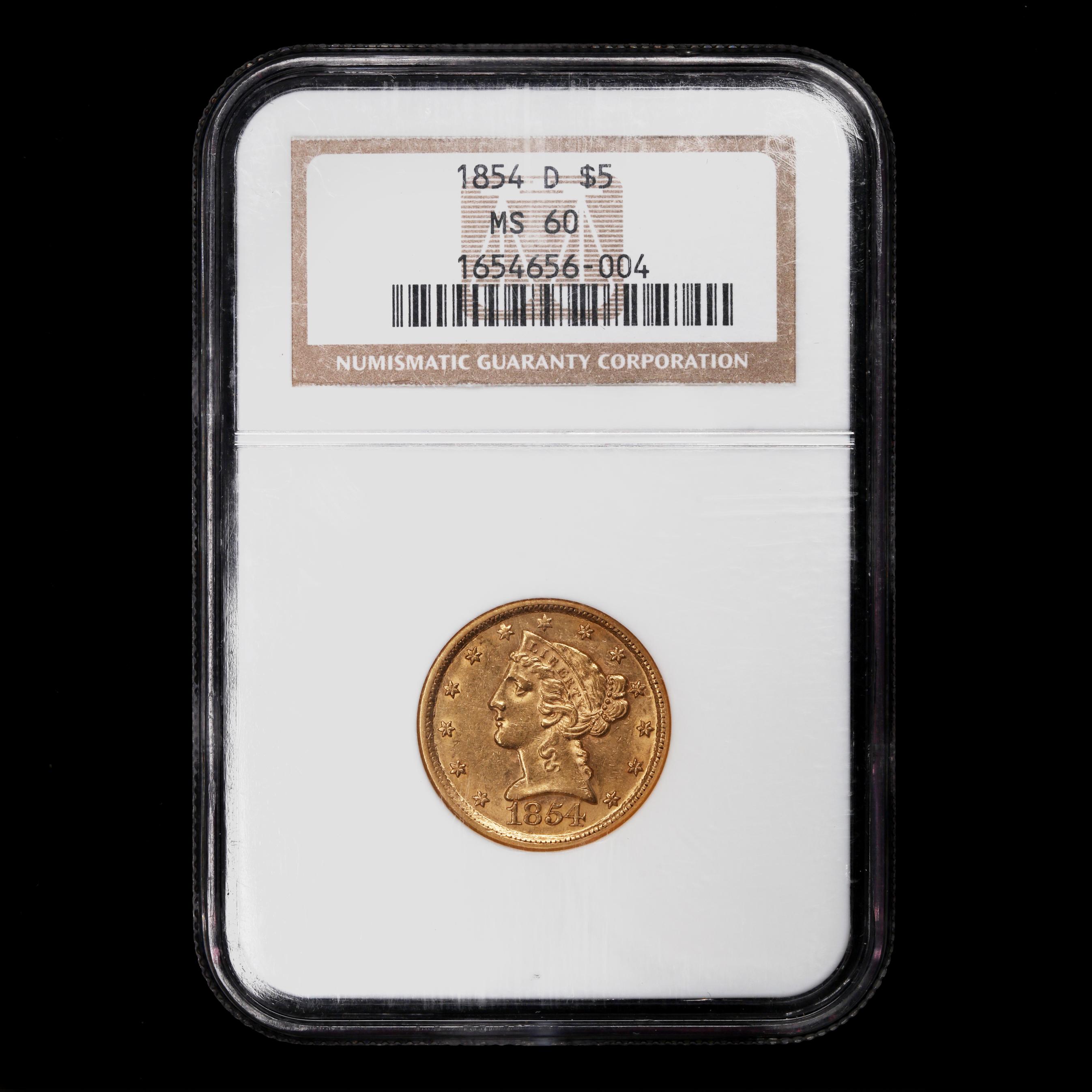 記念メダル1127L37●磯庭園 Liberty Head 1854-D $5 Gold Half Eagle, NGC MS 60 (Lot 5003
