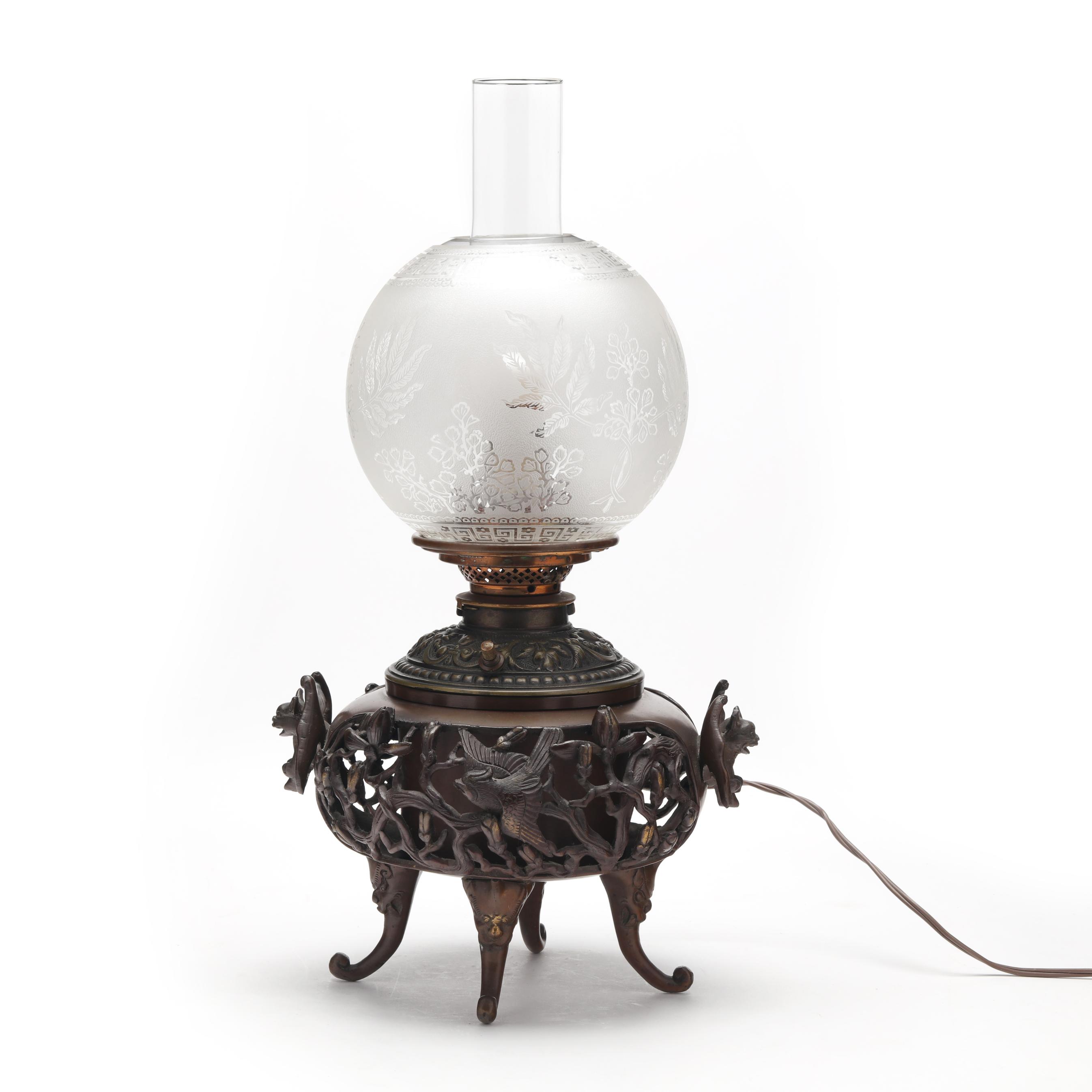 A Japanese Bronze Koro Fitted as Oil Lamp with Glass Shade (Lot