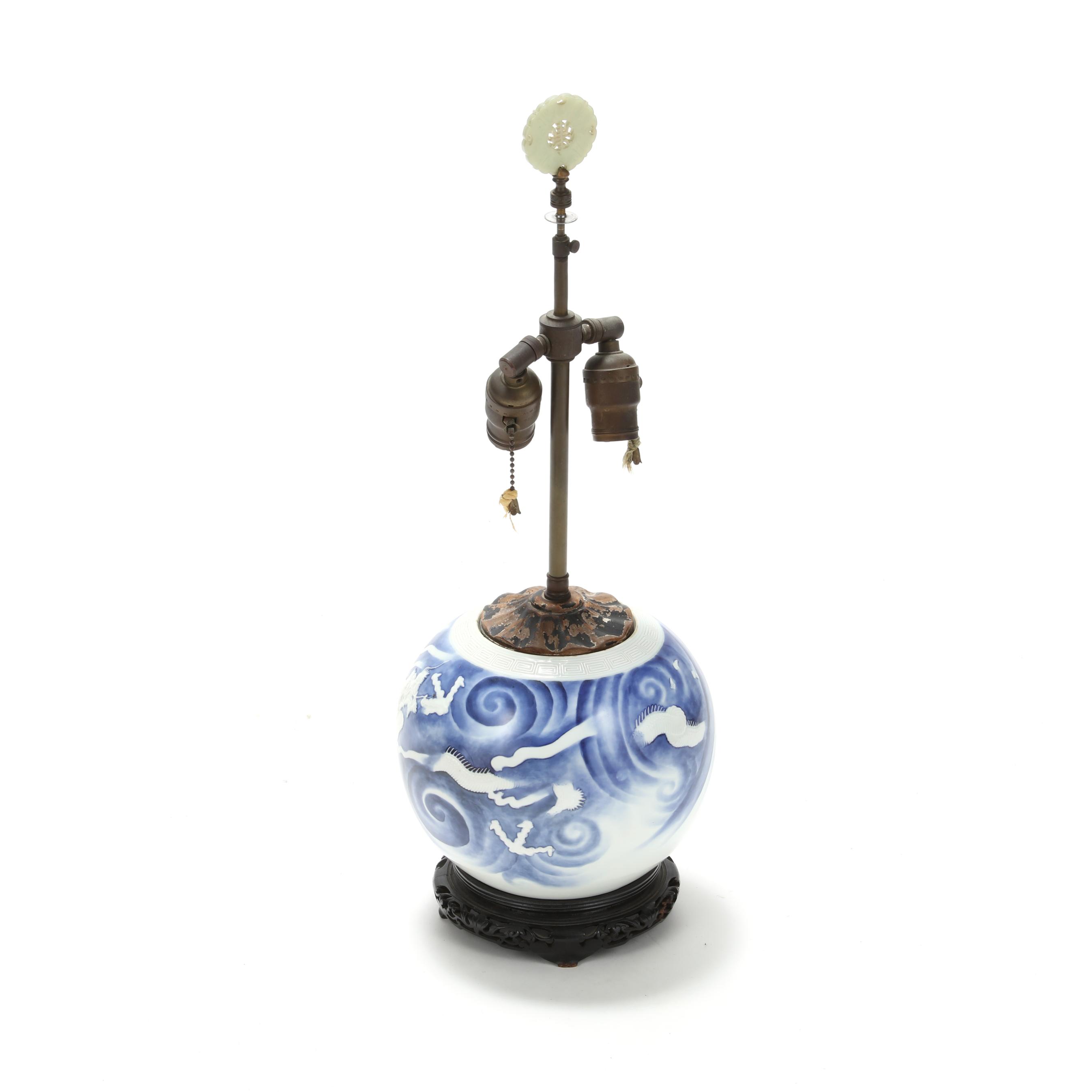A Japanese Porcelain Blue and White Hirado Ware Dragon Jar Lamp