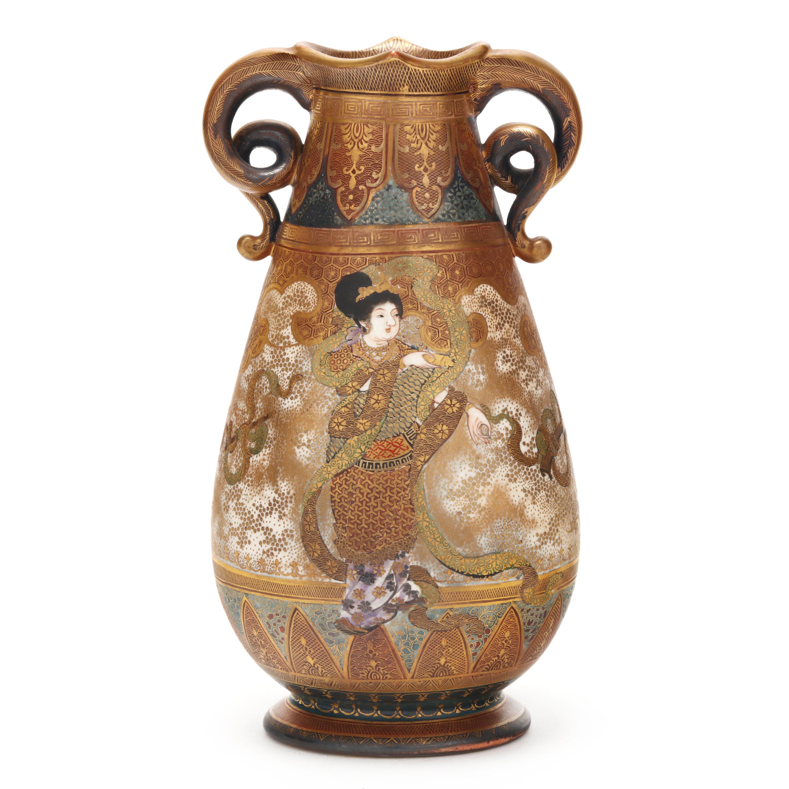 A Japanese Satsuma Vase with Immortals and Curled Handles by Fuzan 