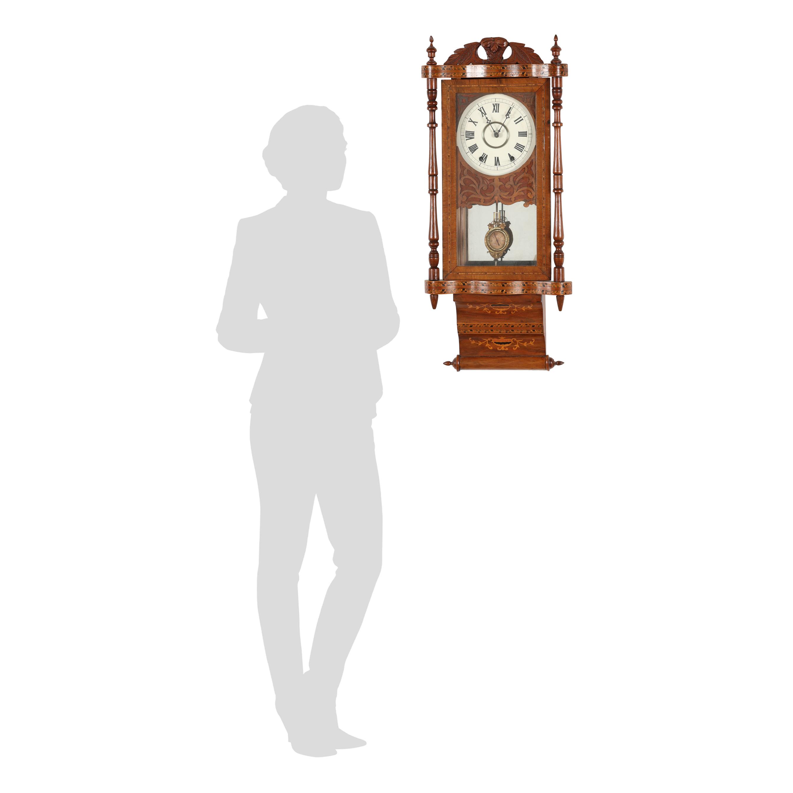 New Haven Clock Co., Antique Anglo-American Inlaid Drop Wall Clock