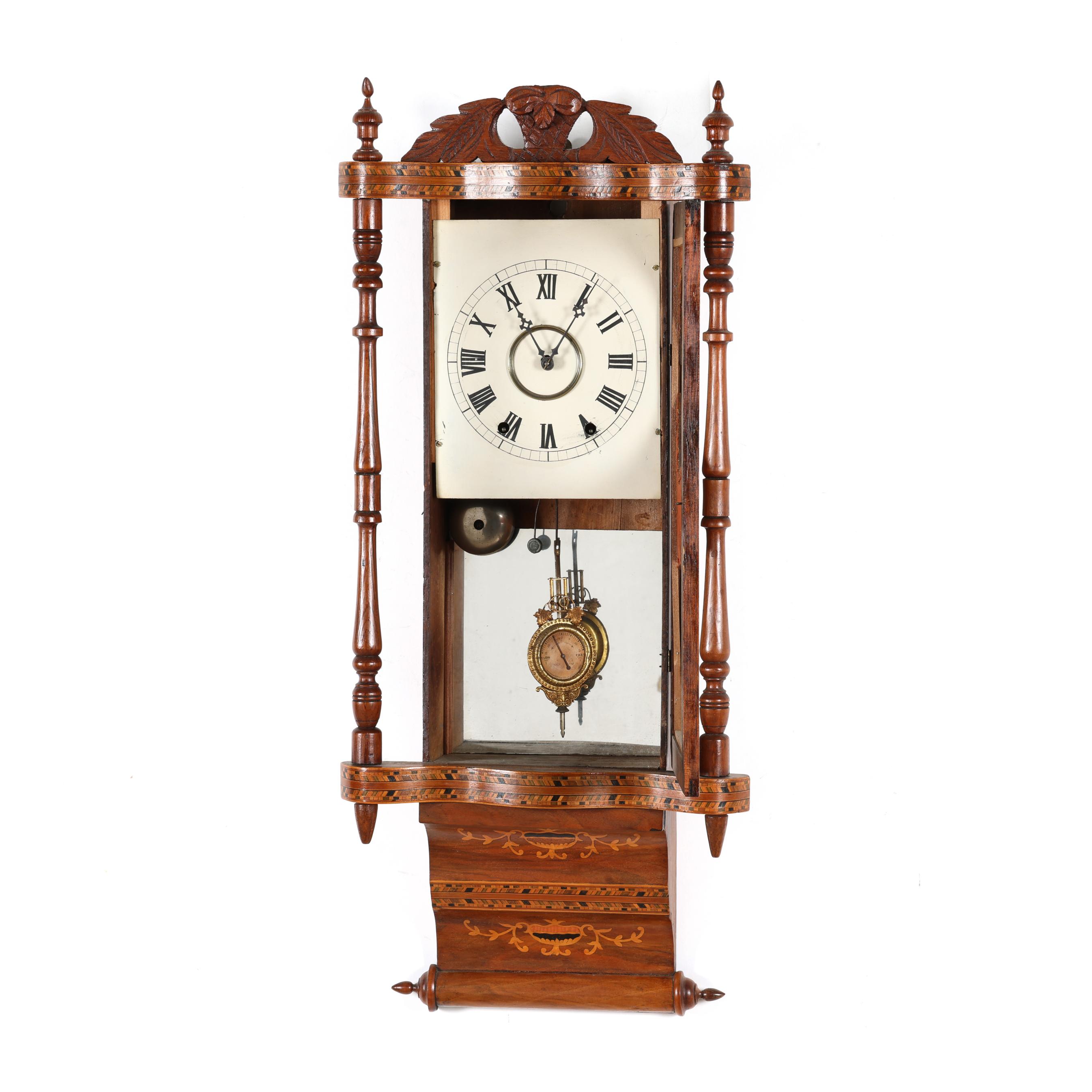 New Haven Clock Co., Antique Anglo-American Inlaid Drop Wall Clock