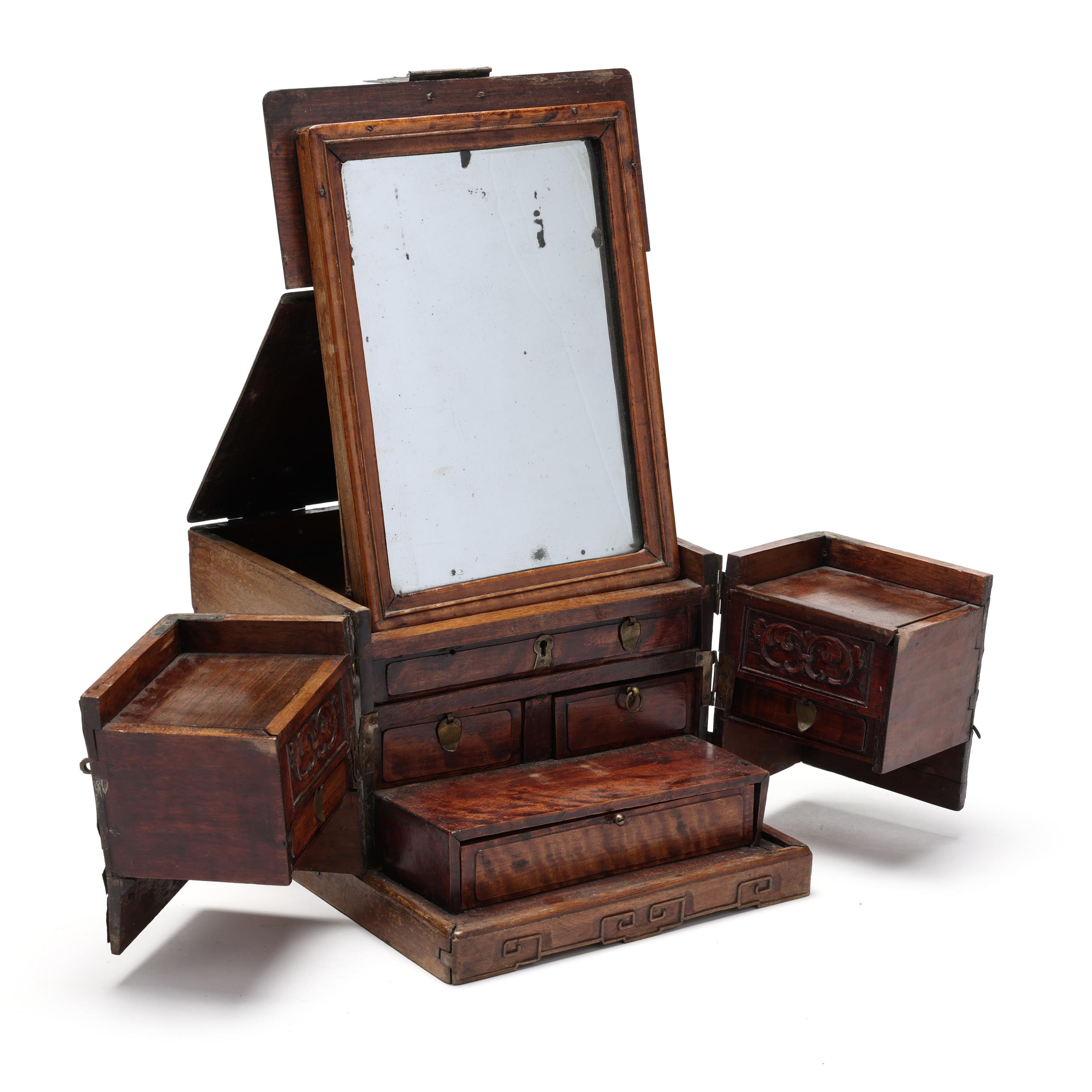 A Chinese Wood Jewelry Box with Folding Mirror (Lot 1295