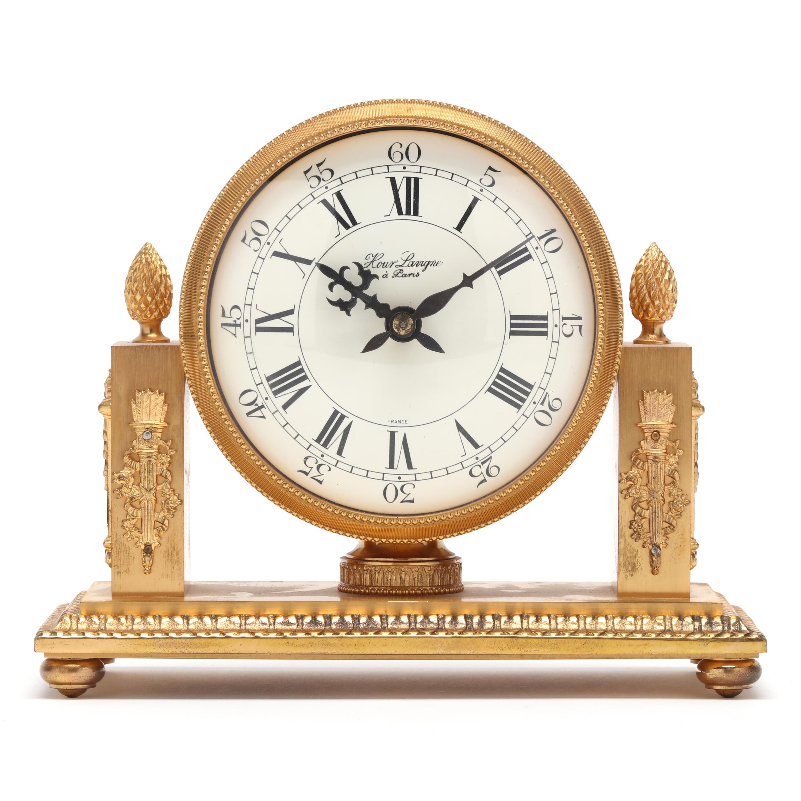 Empire Style Gilt Brass Desk Clock, signed Hour Lavigne a Paris
