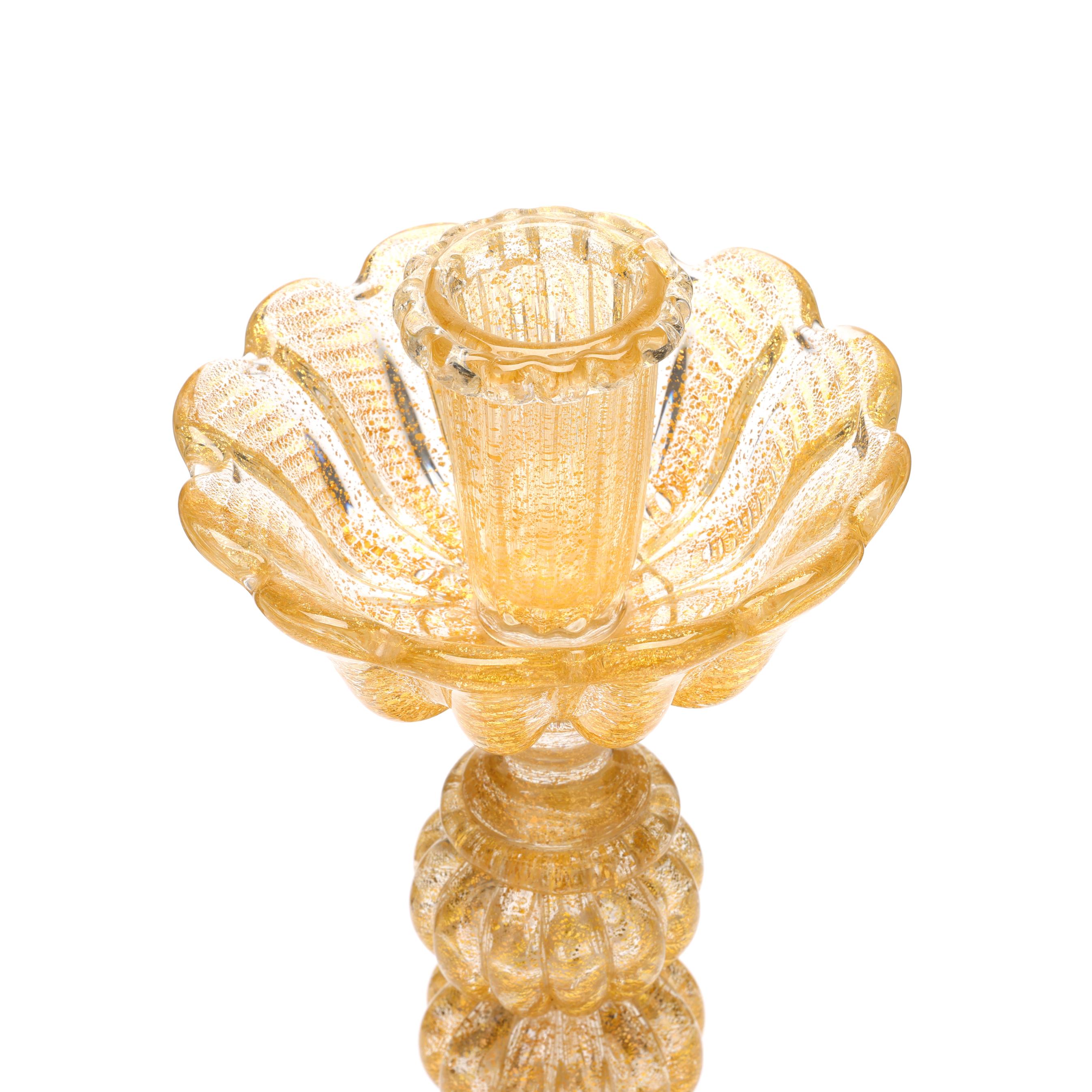 Attributed Barovier & Toso Gold Flecked Murano Glass Candlestick