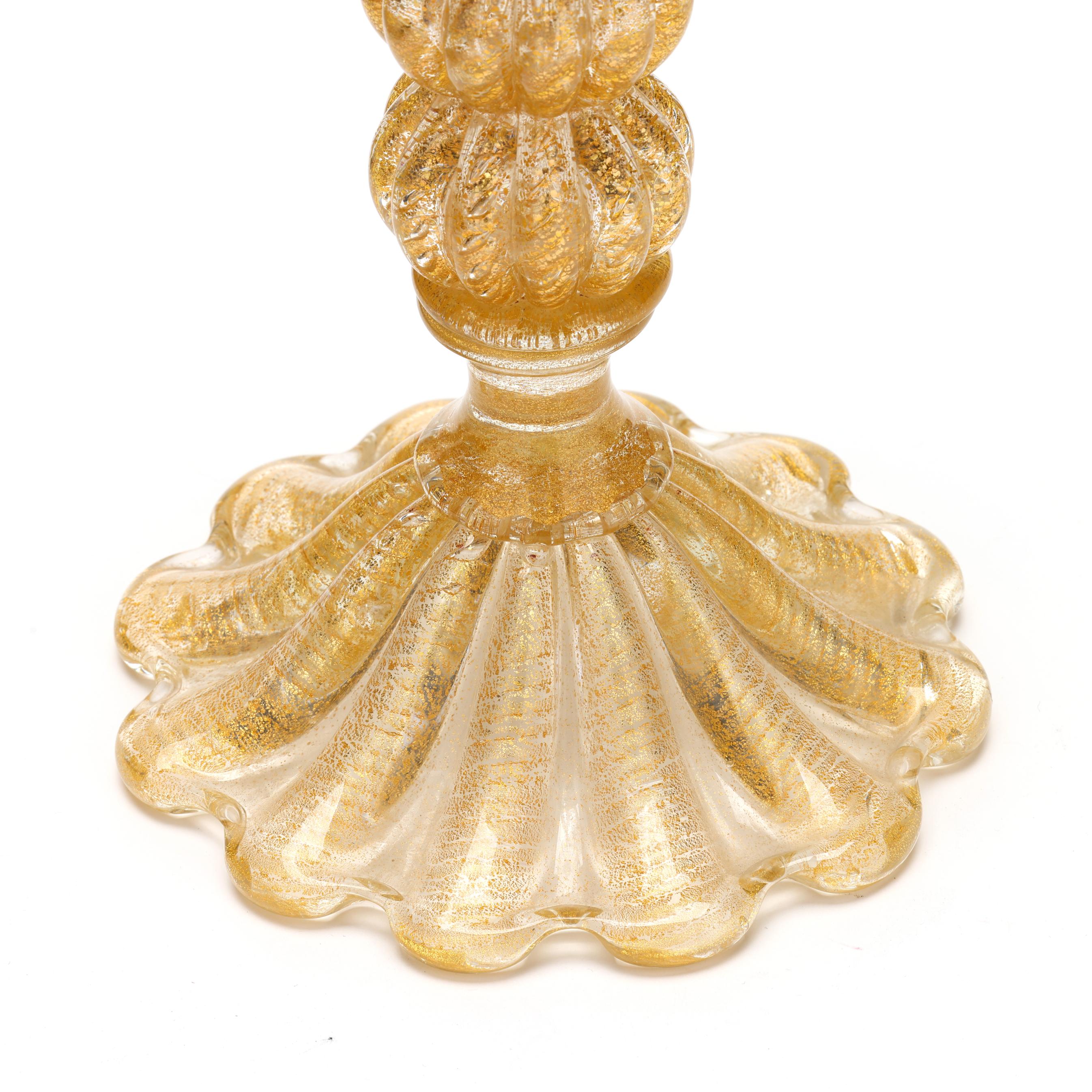 Attributed Barovier & Toso Gold Flecked Murano Glass Candlestick