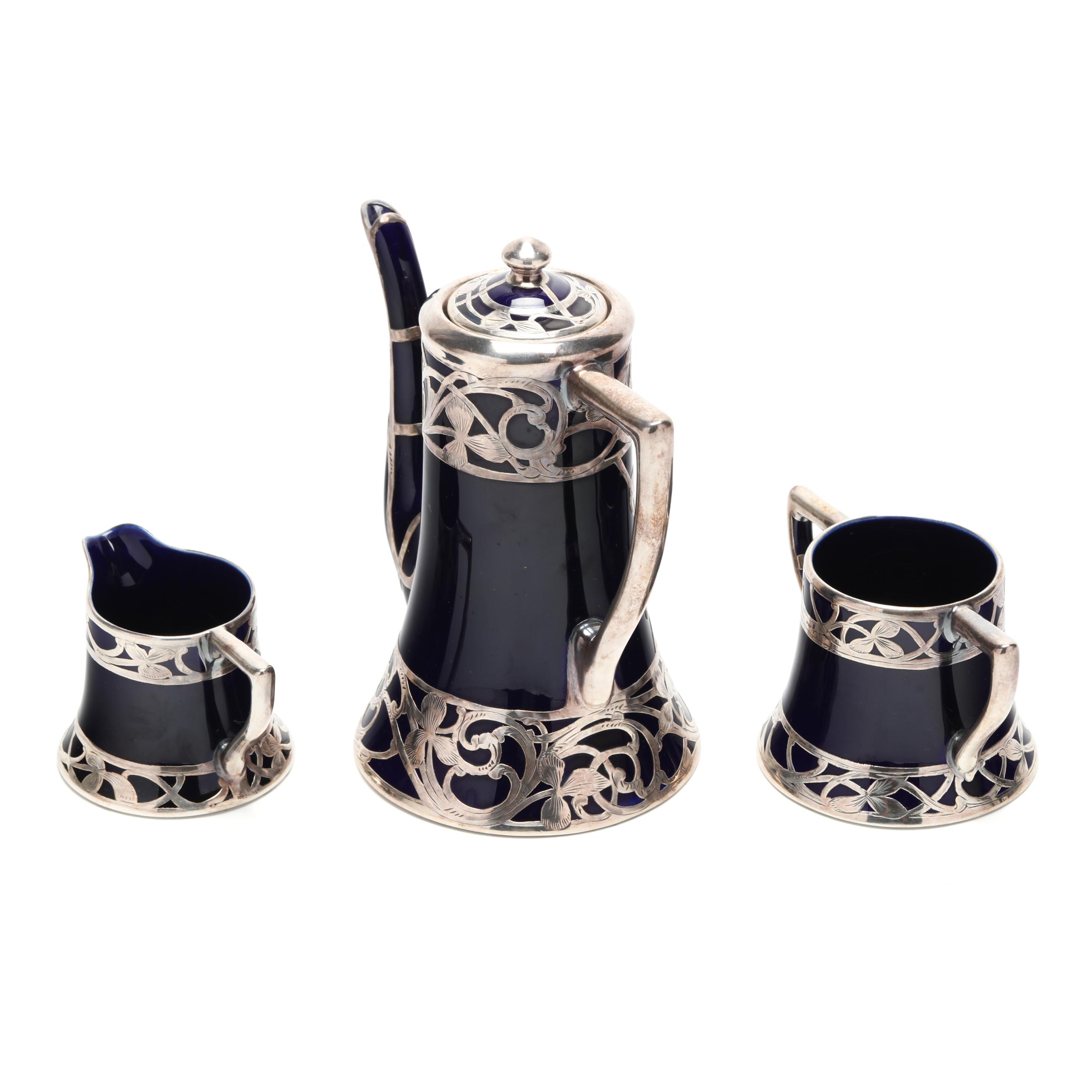 Lenox, Three Piece Art Nouveau Period Silver Overlay Coffee Set
