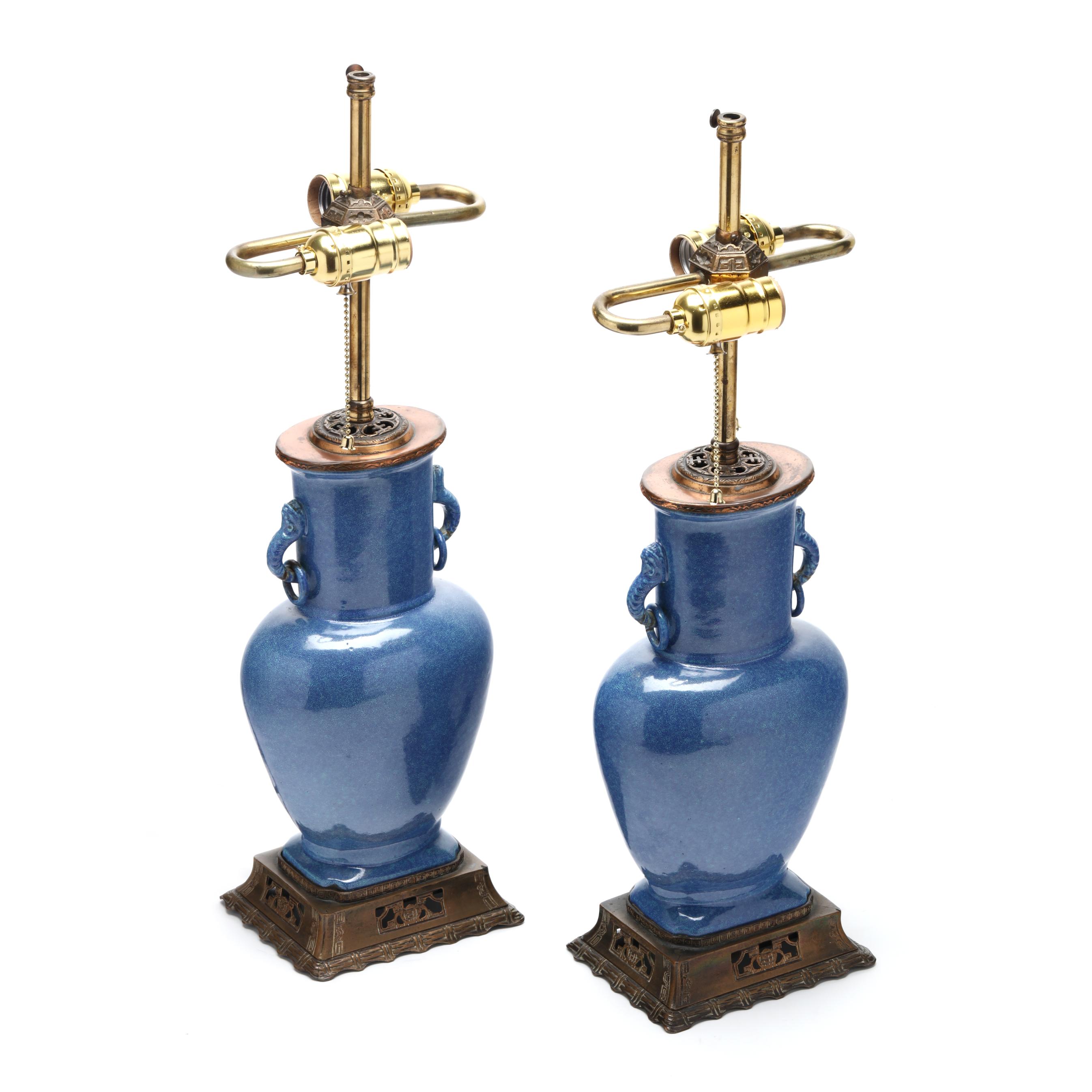 A Pair of Chinese Powder Blue Elephant Handle Vase Lamps (Lot 7066
