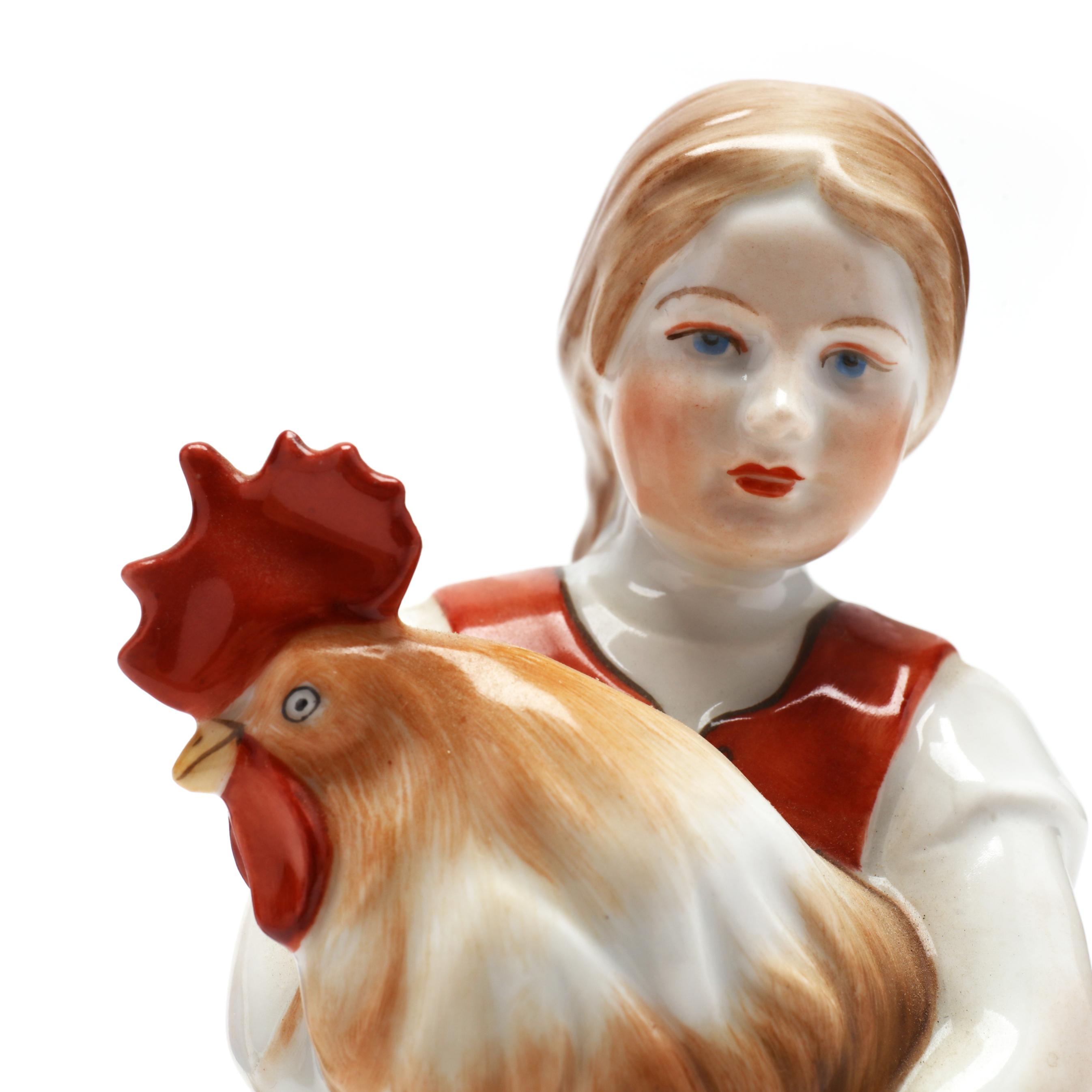 Pair of Herend Traditional Hungarian People, Girl with Rooster