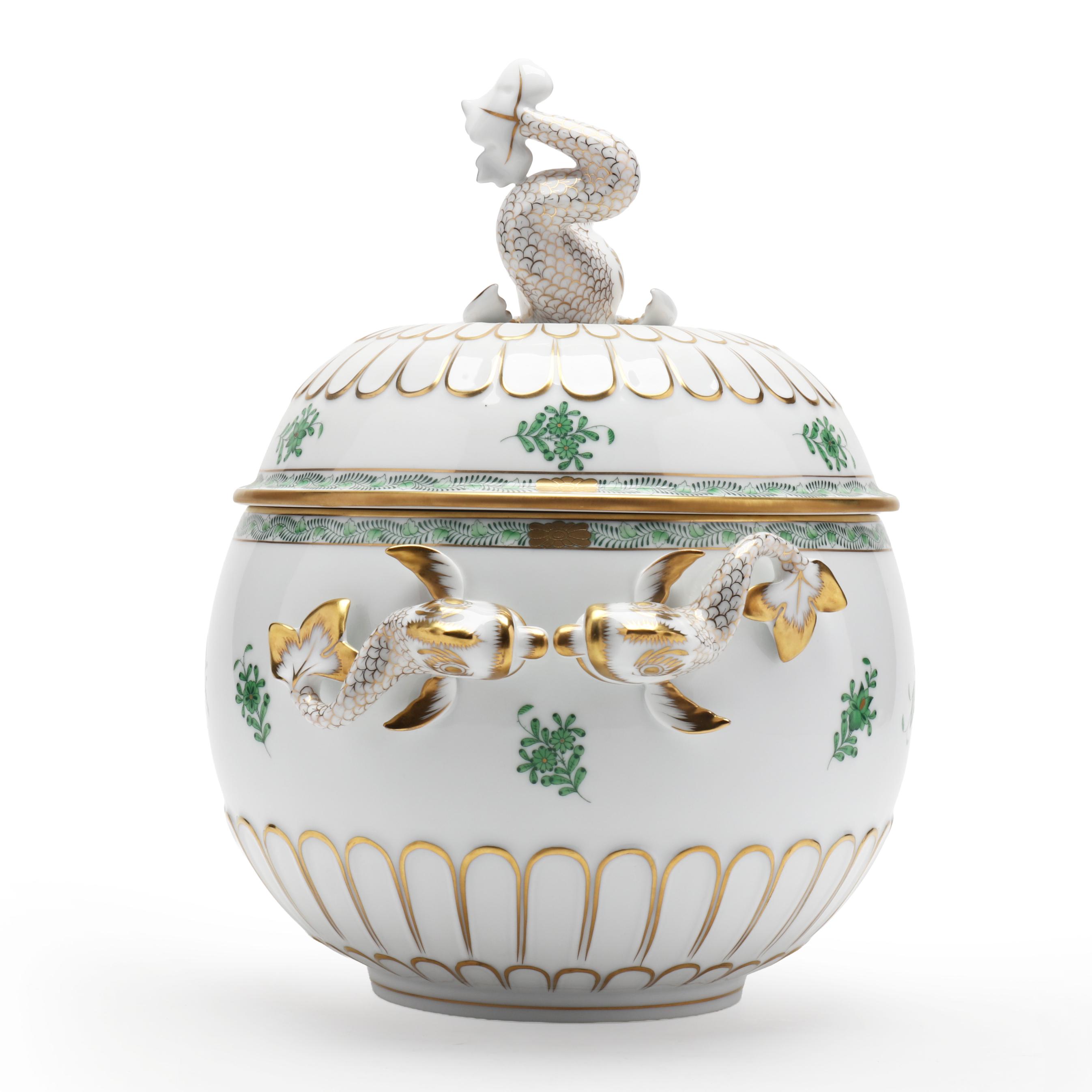 Herend Chinese Bouquet Green Lidded Dolphin Tureen with Underplate