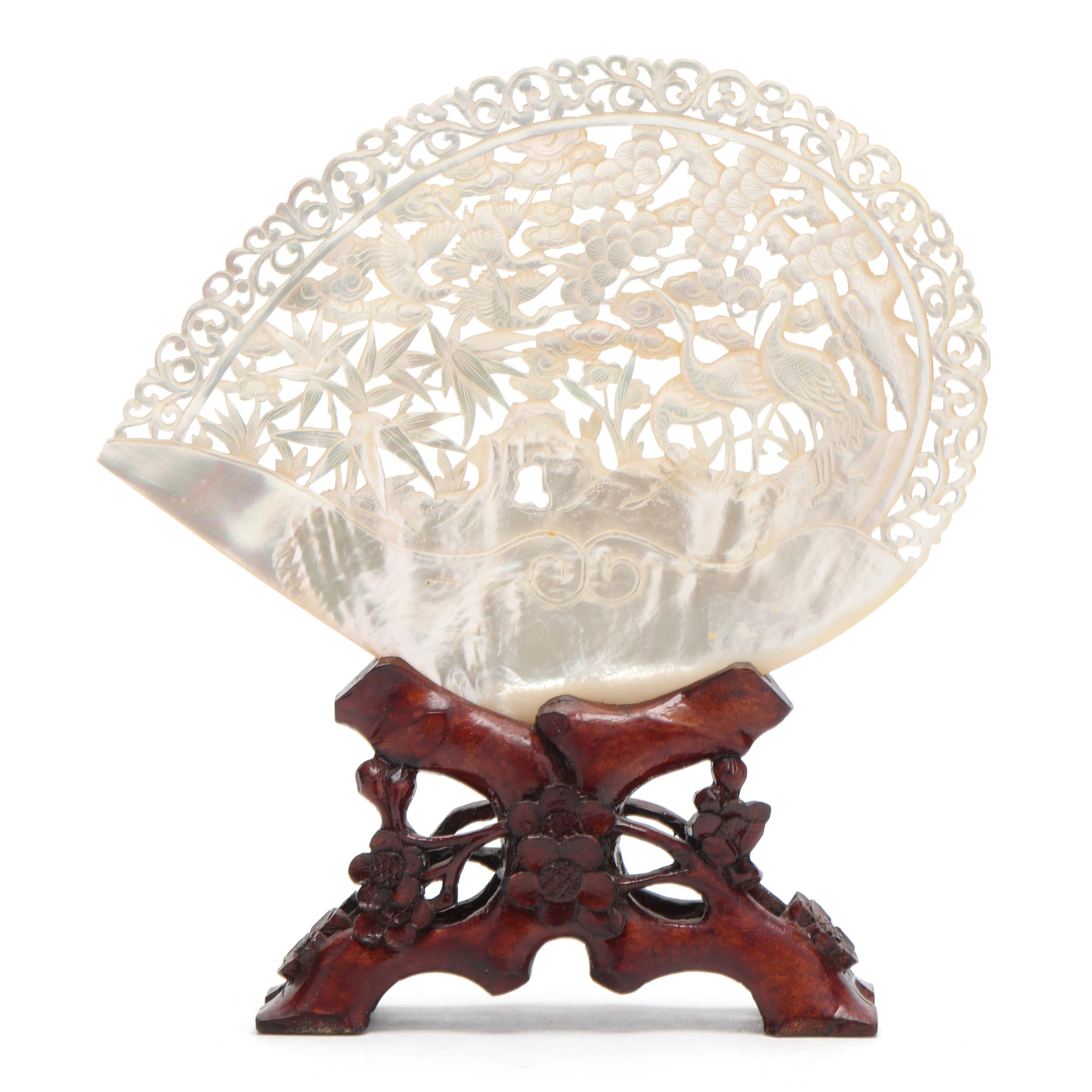 Chinese Export Carved Mother of Pearl Shell on Stand (Lot 4020