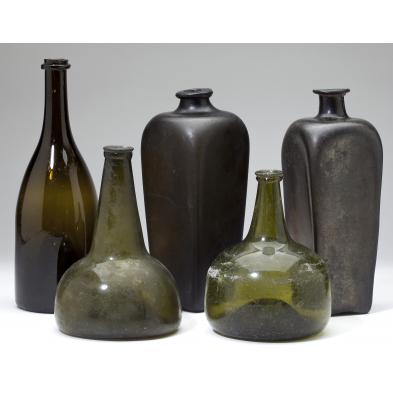 five-18th-century-green-glass-bottles