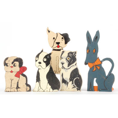 five-vintage-painted-wood-dog-doorstops