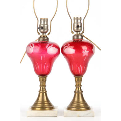 pair-of-ruby-cut-to-clear-electrified-oil-lamps