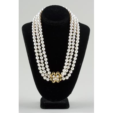 Mikimoto Triple Strand Pearl Necklace, (Lot 412 - Two-Day Historic ...