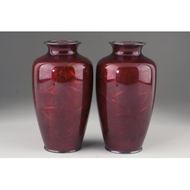 pair-of-japanese-red-cloisonne-silver-vases