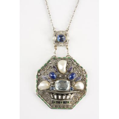 antique-german-silver-and-multi-stone-pendant