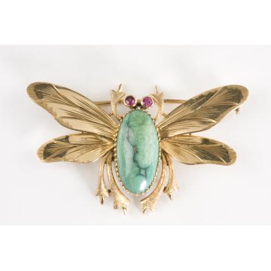 14kt-turquoise-and-ruby-beetle-brooch