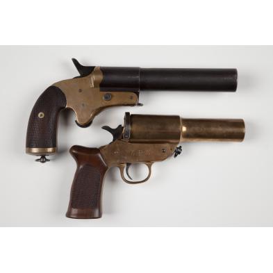 two-wwi-brass-frame-flare-pistols