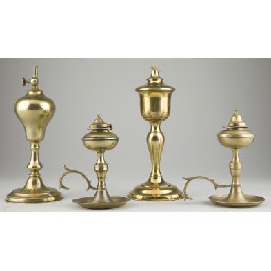 four-early-brass-whale-oil-lamps