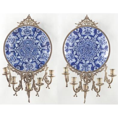 pair-of-delft-charger-gilt-bronze-sconces