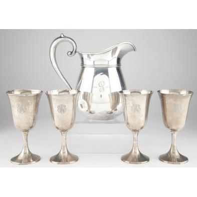 sterling-water-pitcher-and-four-goblets