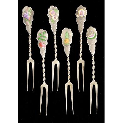 set-of-six-sterling-enameled-fruit-forks