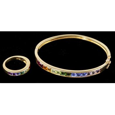 18kt-multi-gemstone-ring-and-bracelet-signed