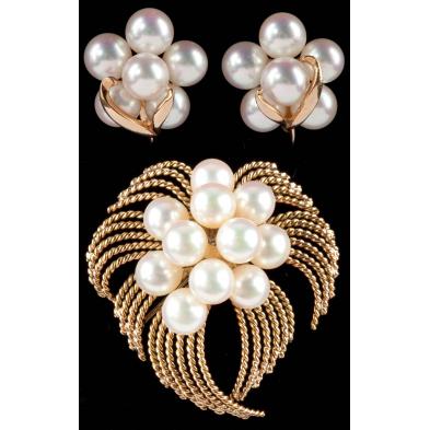 14kt-gold-and-pearl-brooch-and-earrings