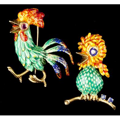 two-14kt-gold-and-enamel-bird-brooches