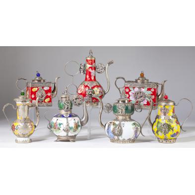 group-of-seven-chinese-silver-overlay-teapots