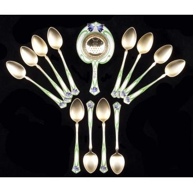 set-of-enameled-sterling-tea-spoons-strainer