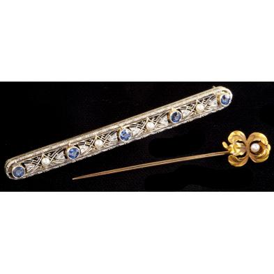 two-vintage-gold-sapphire-and-pearl-pins-krementz