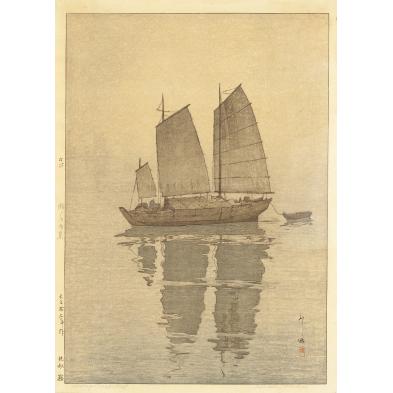hiroshi-yoshida-sailing-boats-mist-woodcut