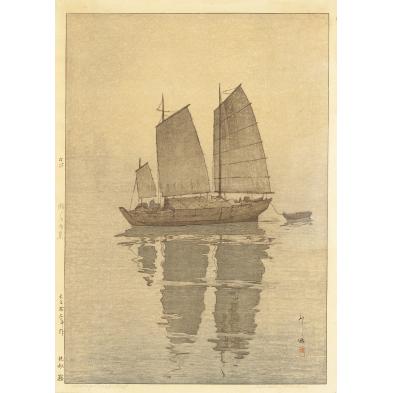 hiroshi-yoshida-sailing-boats-mist-woodcut