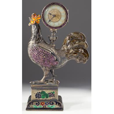jeweled-and-enameled-silver-rooster-clock