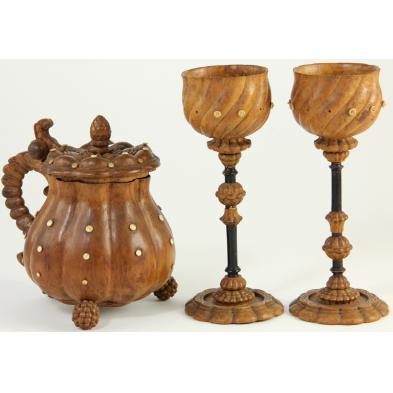 two-treenware-goblets-and-lidded-pitcher